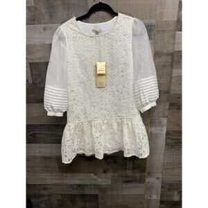 JORPOSE JORYAH White Lace Ruched Sleeve Pearls MIDI Dress Small Gorgeously New
